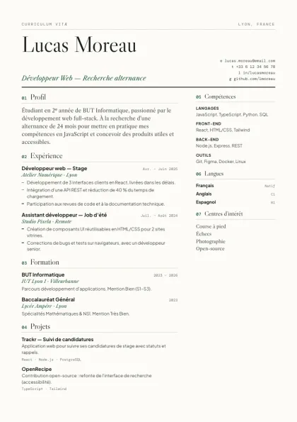 CV d'exemple sur le modèle Masthead