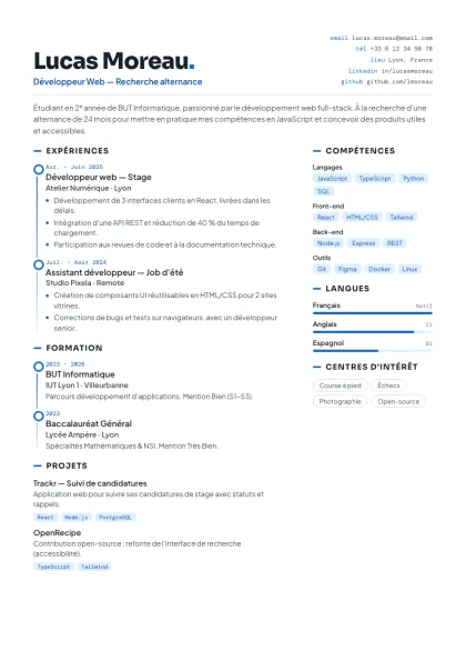 CV d'exemple sur le modèle Timeline